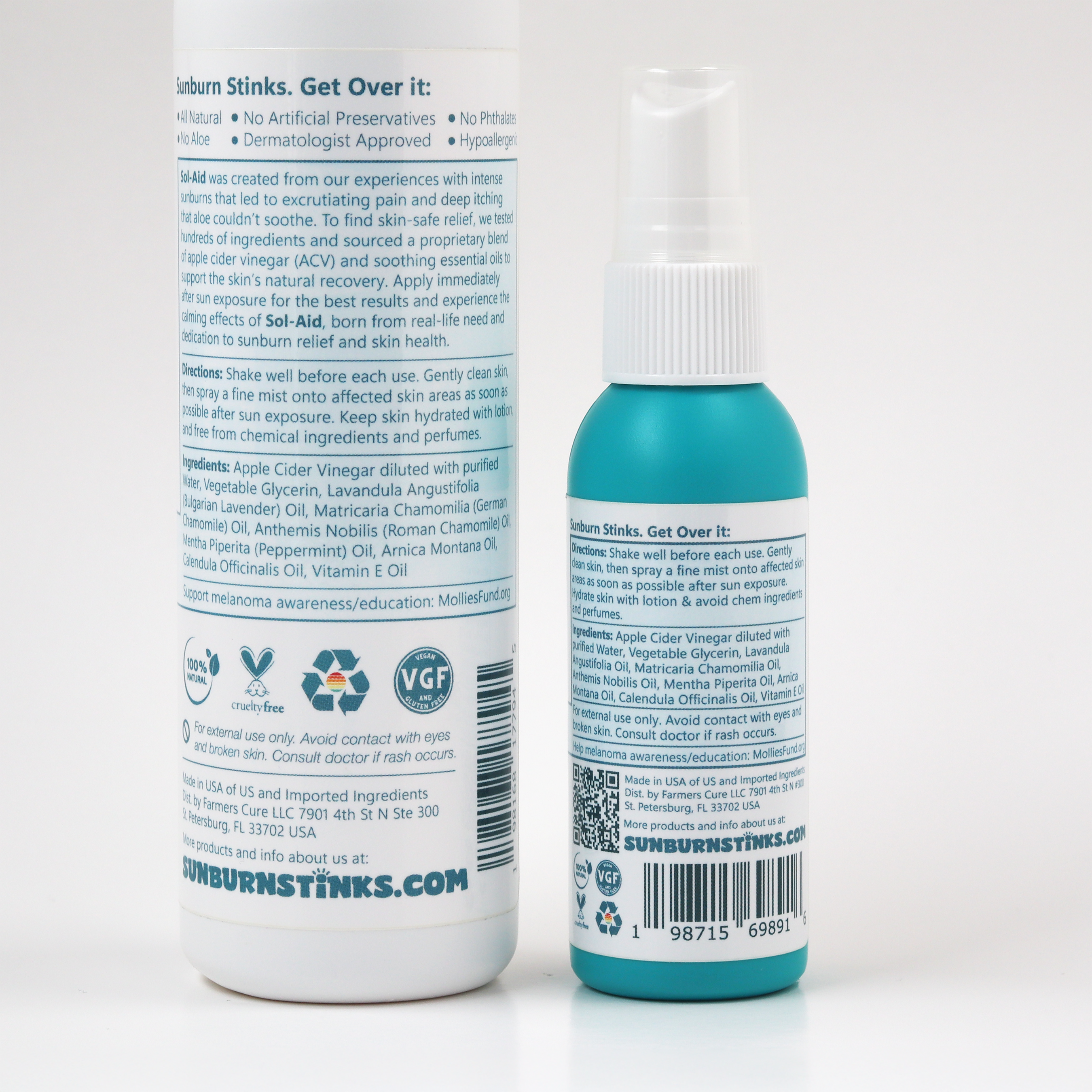 The back labels for 8 ounce and 2 ounce bottles of Sol Aid