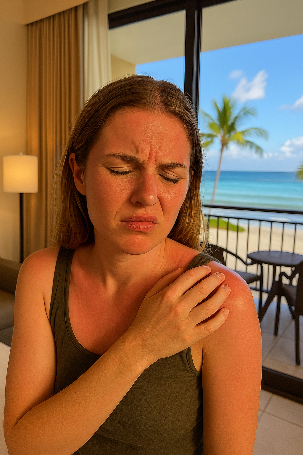 An uncomfortable sunburned woman with hells itch indoors at a tropical resort