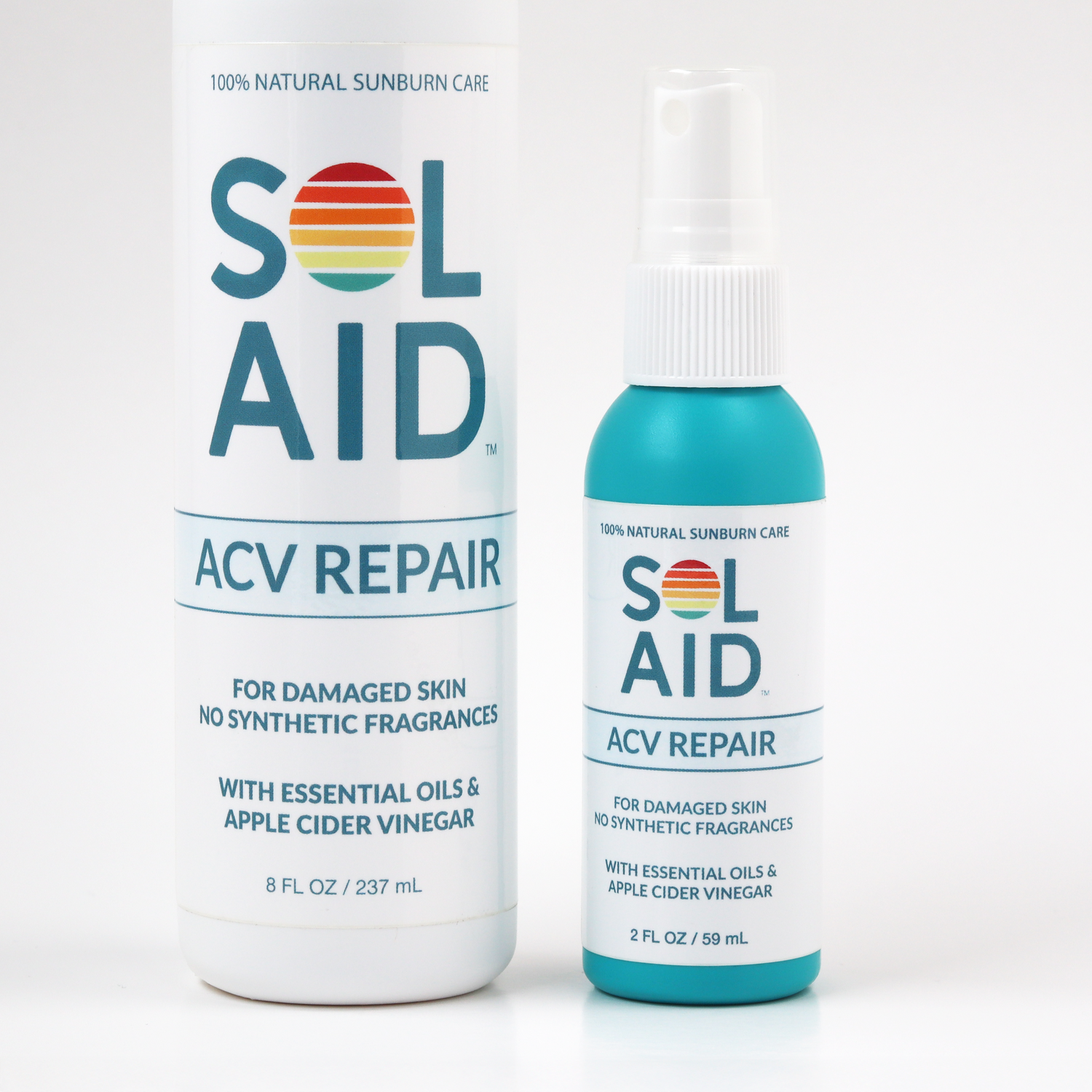 A closeup of the front labels of 8 ounce and 2 ounce bottles of Sol Aid